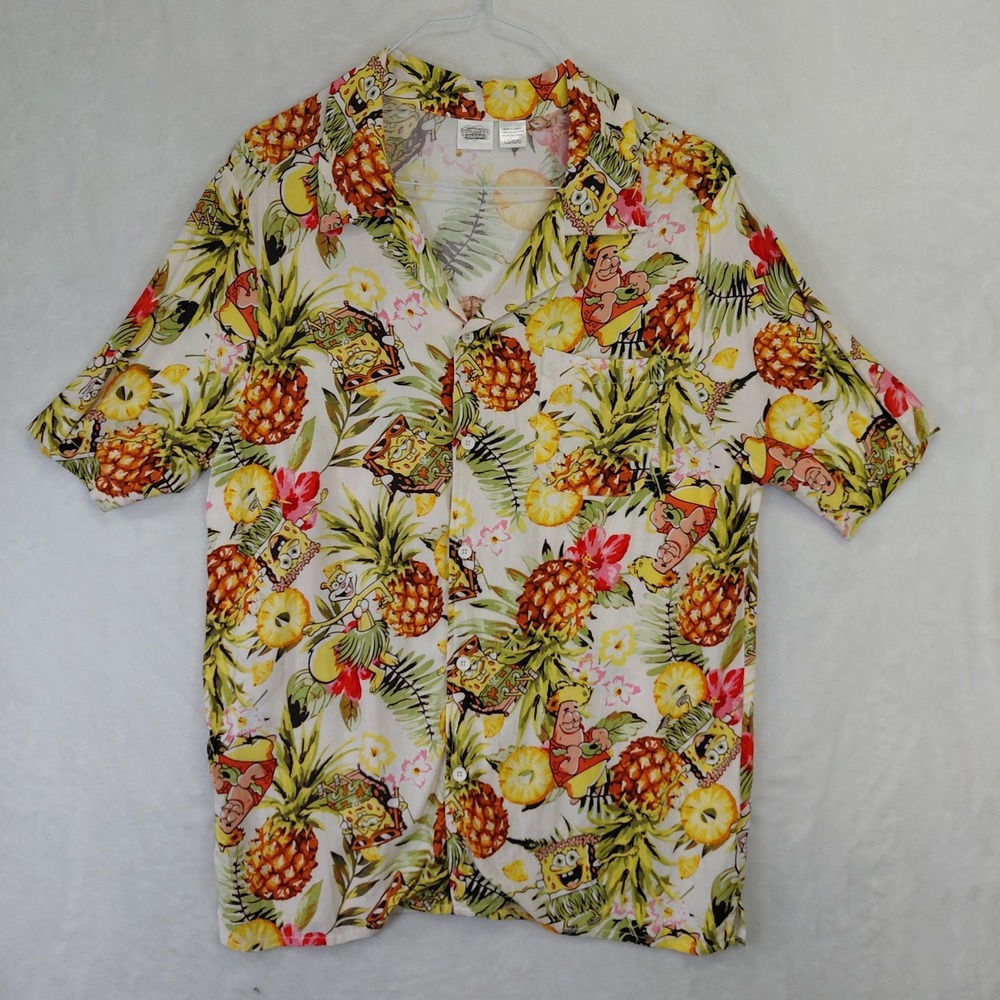 SpongeBob SquarePants Mens Large Hawaiian Shirt Tropical Patrick Pineapple White